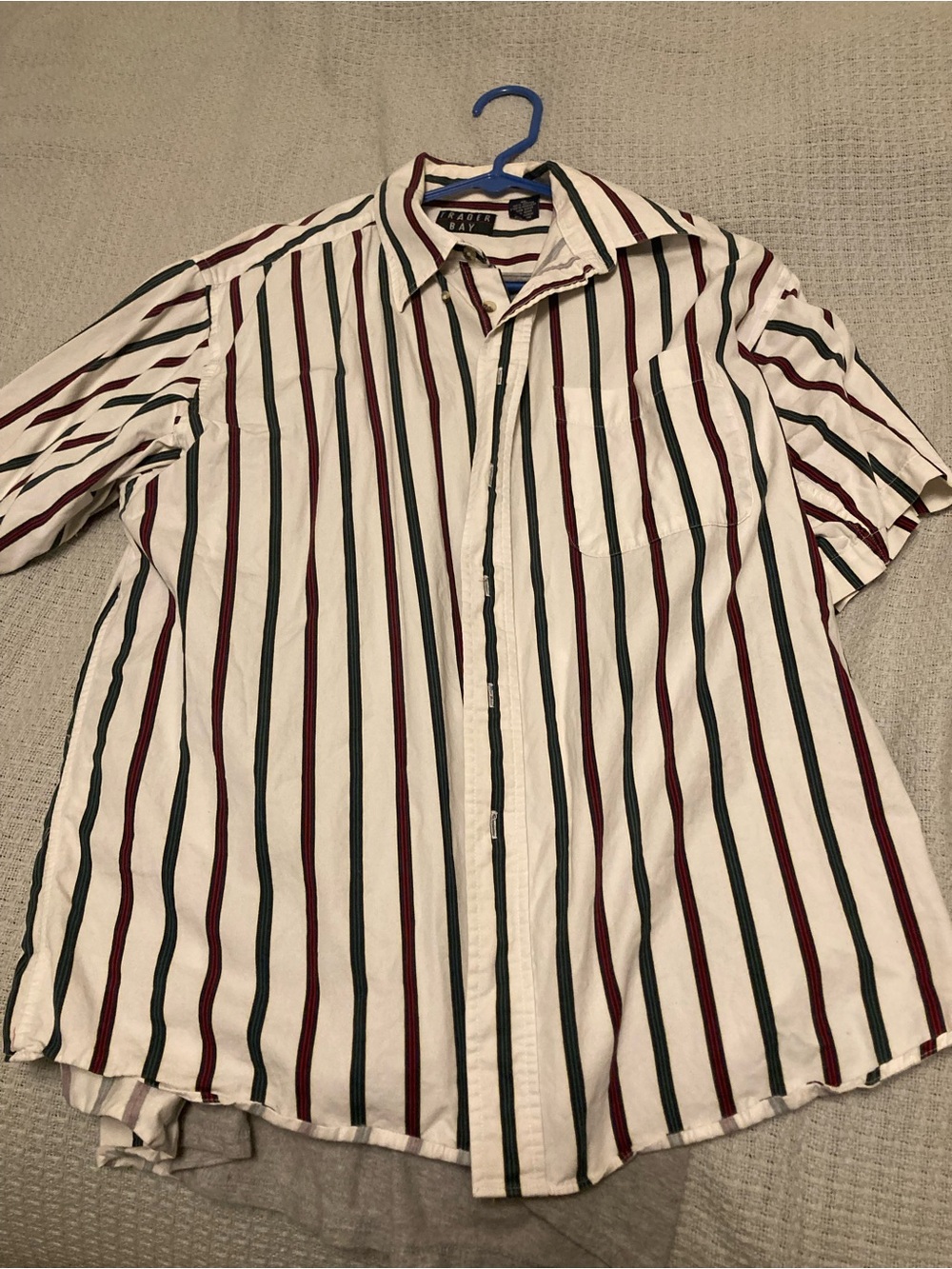 Trader Bay White Short-Sleeve Button-Up Shirt with Burgundy & Dark Green Stripes
